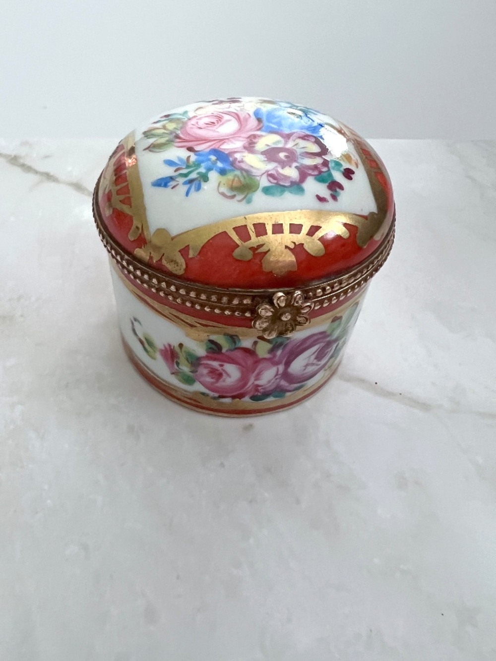 Vintage Limoges France Round Trinket Box Hand Finished Rose Floral Coral Gold